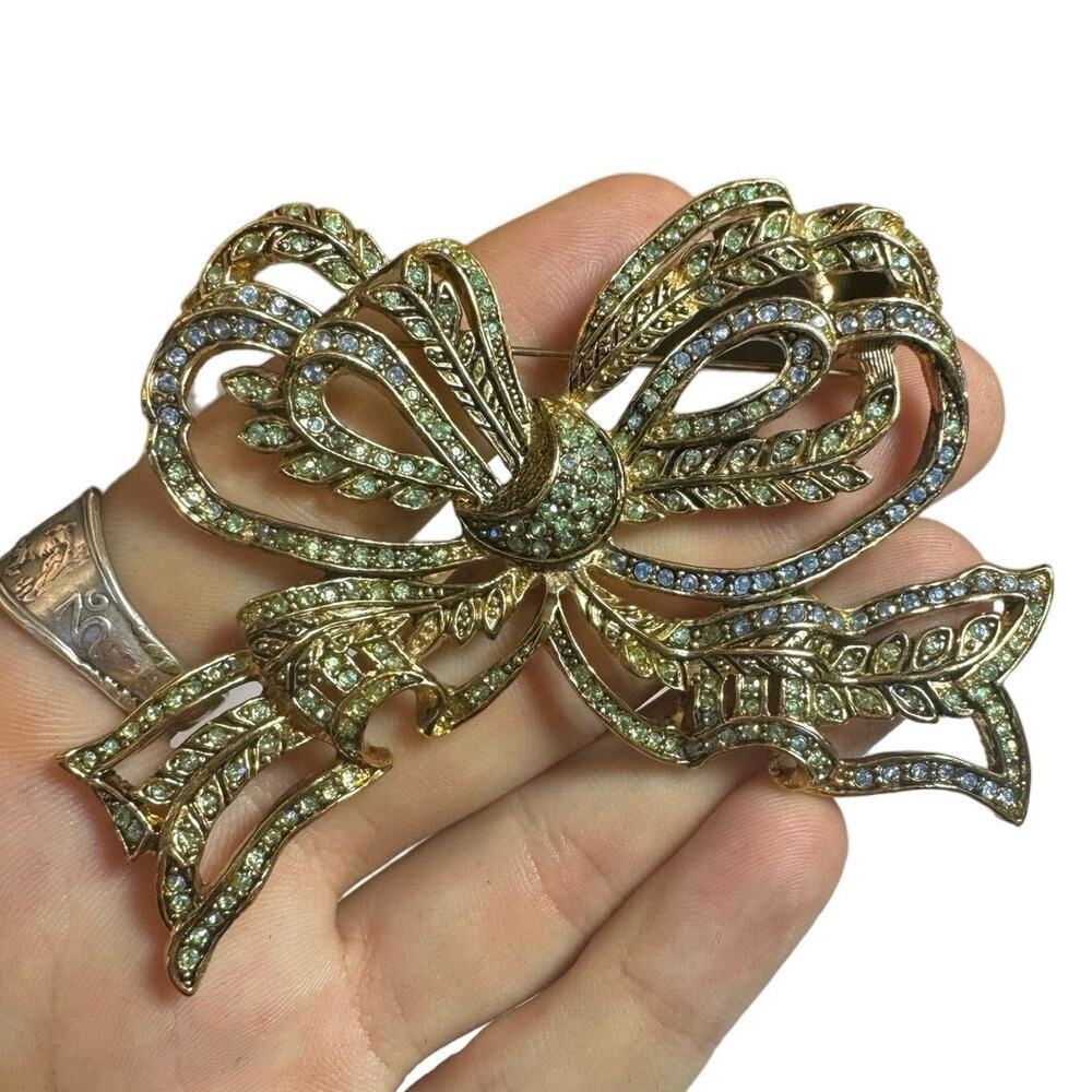 VINTAGE RARE LARGE BLUE AND GREEN RHINESTONES BOW BROOCH